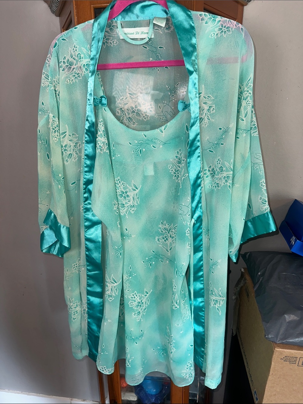 Vintage Women's Aqua Floral Satin-Trim Sleep Set by Contessa Di Roma